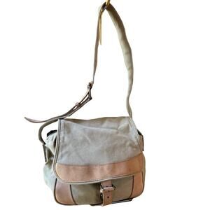 LL Bean Cotton Canvas Leather Trim Crossbody Vintage Messenger Bag Purse 10x12